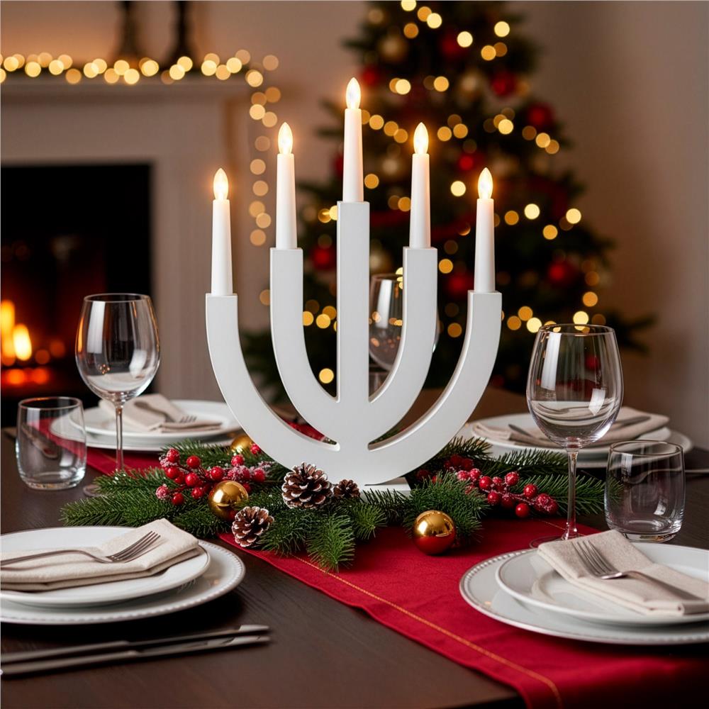 Decoratiune luminoasa tip sfesnic, din lemn, 39 cm, lumina calda, alimentare cu baterii, alb - imagine 8