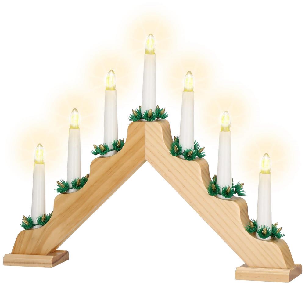 Sfesnic decorativ LED cu 7 lumanari si coronite verzi, alimentare baterii, 40x31 cm, maro si alb - imagine 10