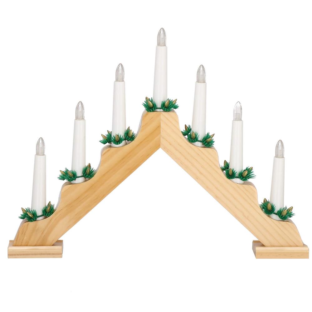 Sfesnic decorativ LED cu 7 lumanari si coronite verzi, alimentare baterii, 40x31 cm, maro si alb - imagine 12