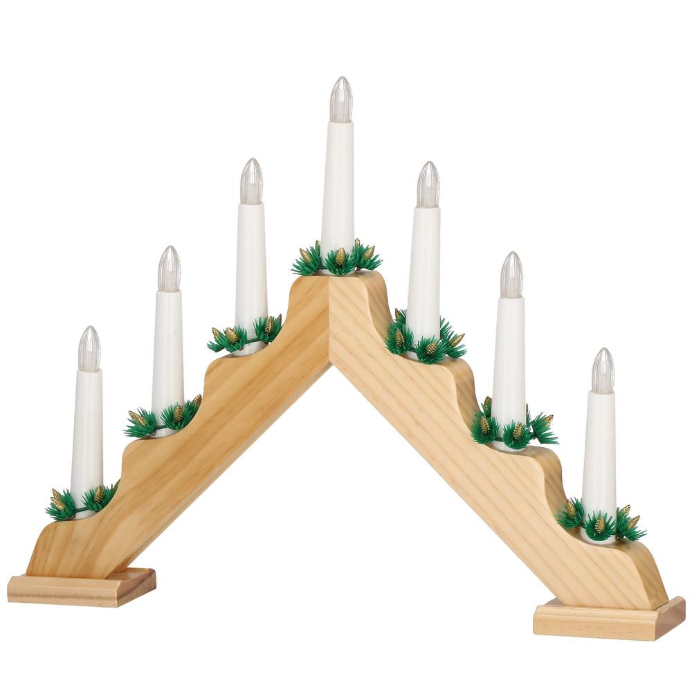 Sfesnic decorativ LED cu 7 lumanari si coronite verzi, alimentare baterii, 40x31 cm, maro si alb - imagine 4