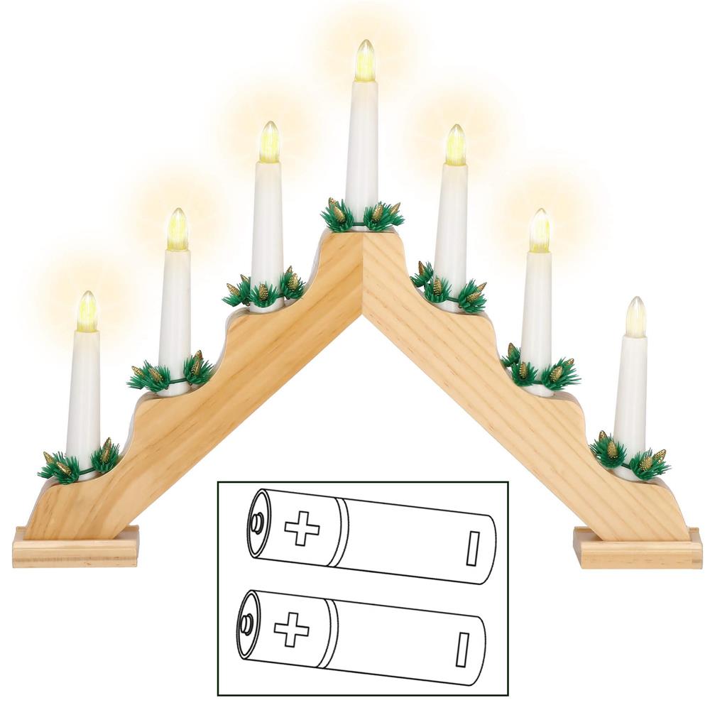 Sfesnic decorativ LED cu 7 lumanari si coronite verzi, alimentare baterii, 40x31 cm, maro si alb - imagine 7