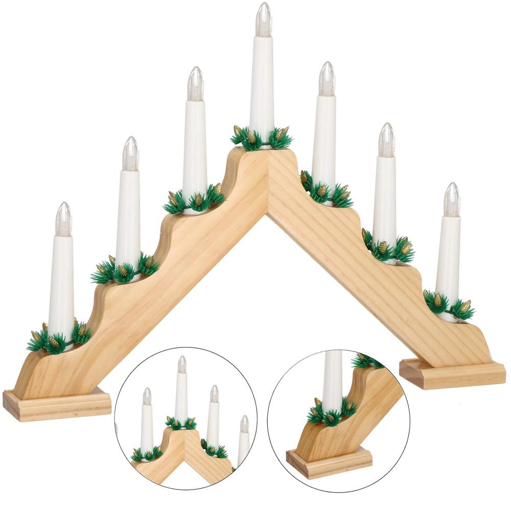 Sfesnic decorativ LED cu 7 lumanari si coronite verzi, alimentare baterii, 40x31 cm, maro si alb - imagine 8