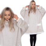 Hanorac tip patura oversize din fleece moale, cu gluga si buzunar mare, gri