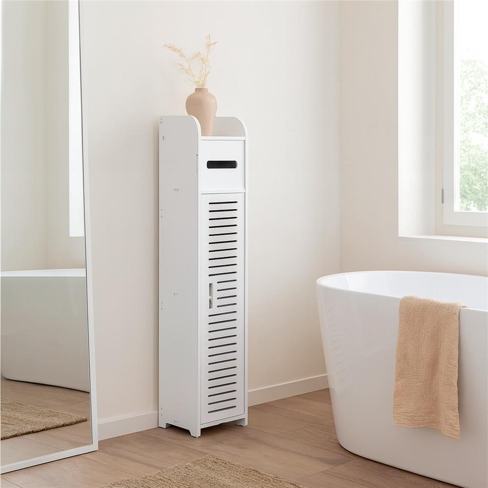 Etajera ingusta pentru baie, 3 rafturi si sertar suport hartie igienica, 80x17x16 cm, alb - imagine 15