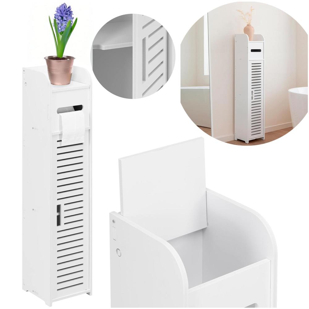 Etajera ingusta pentru baie, 3 rafturi si sertar suport hartie igienica, 80x17x16 cm, alb - imagine 3