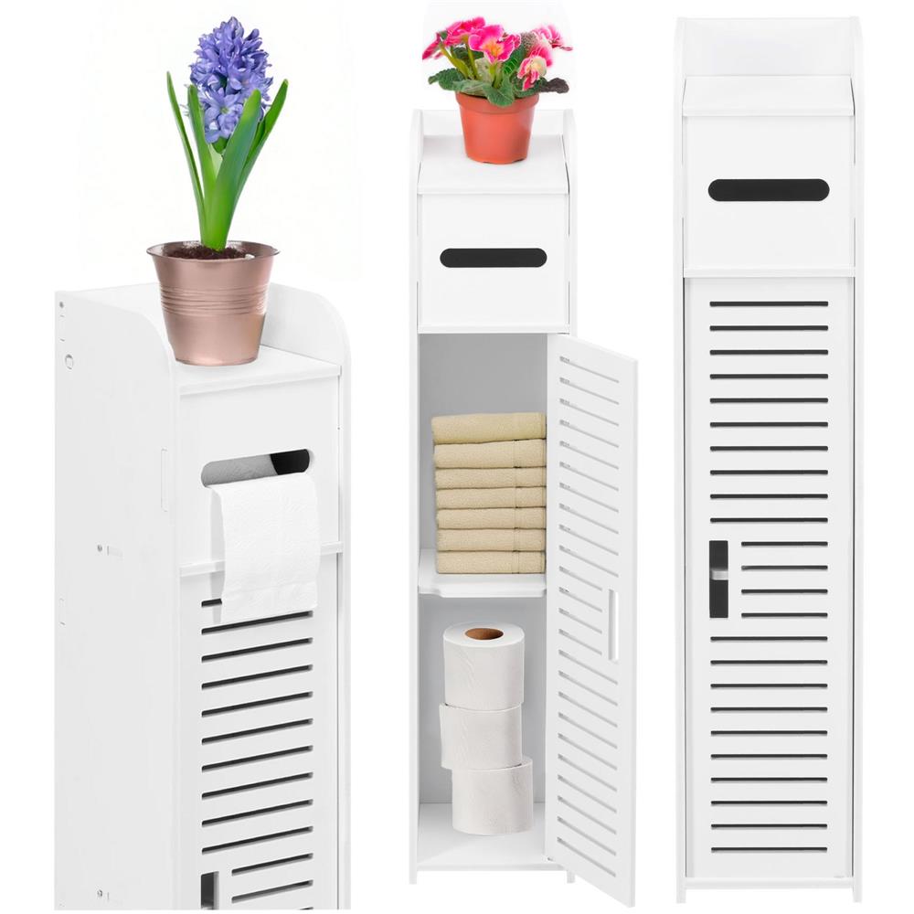 Etajera ingusta pentru baie, 3 rafturi si sertar suport hartie igienica, 80x17x16 cm, alb - imagine 4