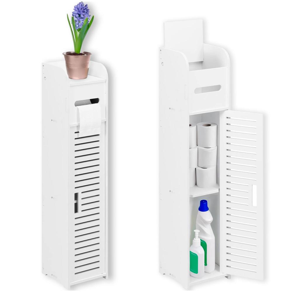 Etajera ingusta pentru baie, 3 rafturi si sertar suport hartie igienica, 80x17x16 cm, alb - imagine 6