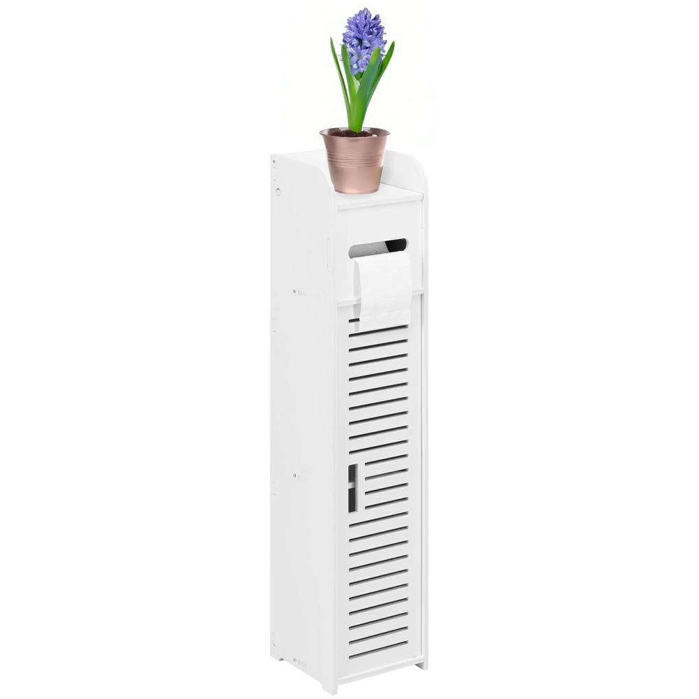 Etajera ingusta pentru baie, 3 rafturi si sertar suport hartie igienica, 80x17x16 cm, alb - imagine 9