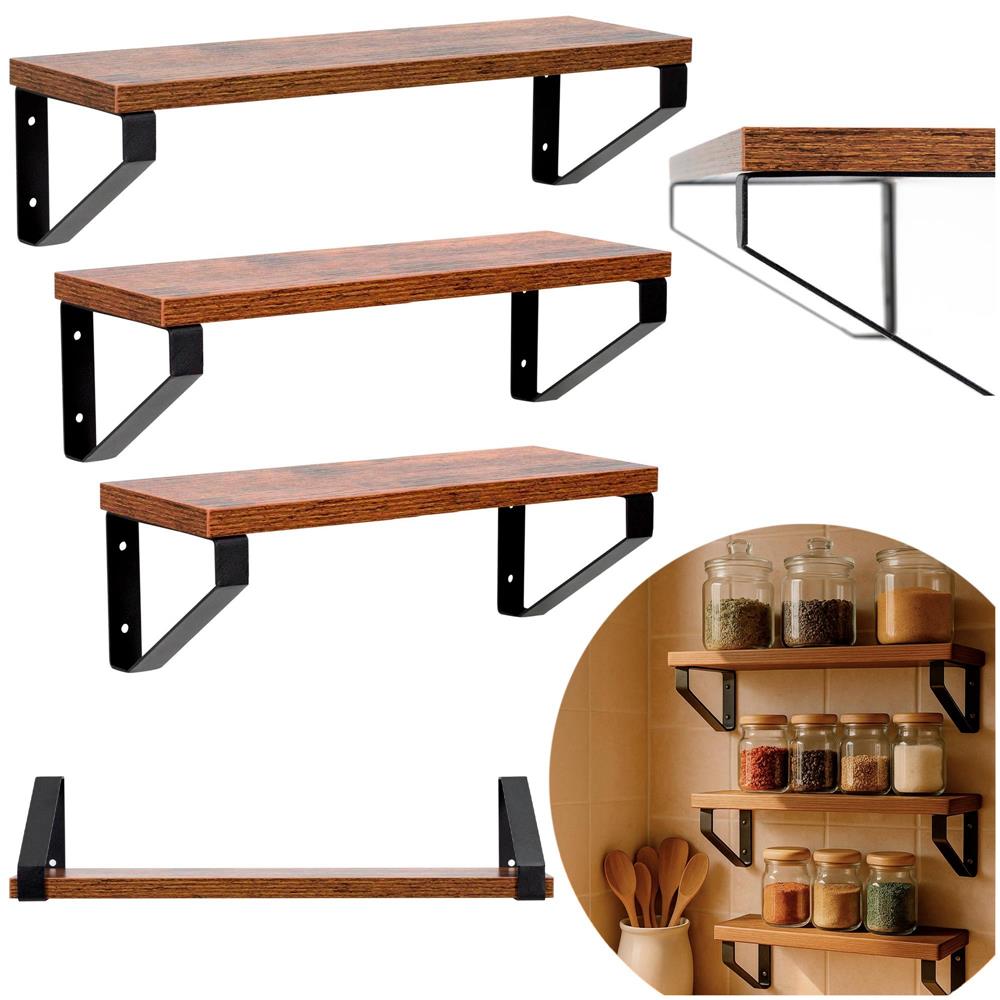 Set 3 rafturi de perete din metal si MDF, 30-35-40x12 cm, negru si maro - imagine 3