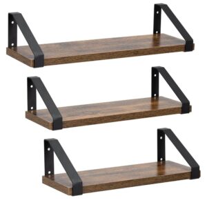Set 3 rafturi de perete din metal si MDF, 30-35-40x12 cm, negru si maro