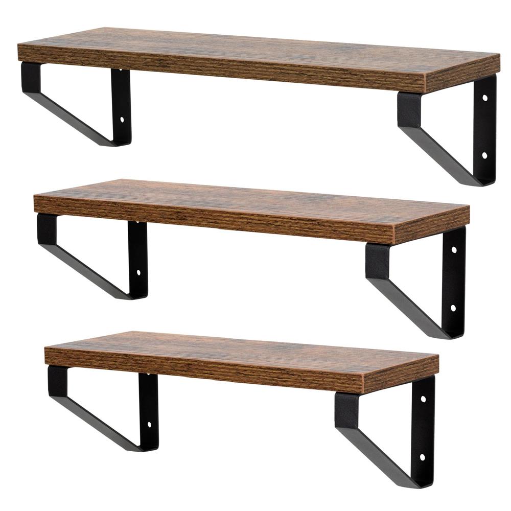 Set 3 rafturi de perete din metal si MDF, 30-35-40x12 cm, negru si maro - imagine 4
