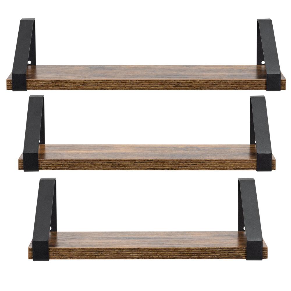 Set 3 rafturi de perete din metal si MDF, 30-35-40x12 cm, negru si maro - imagine 5