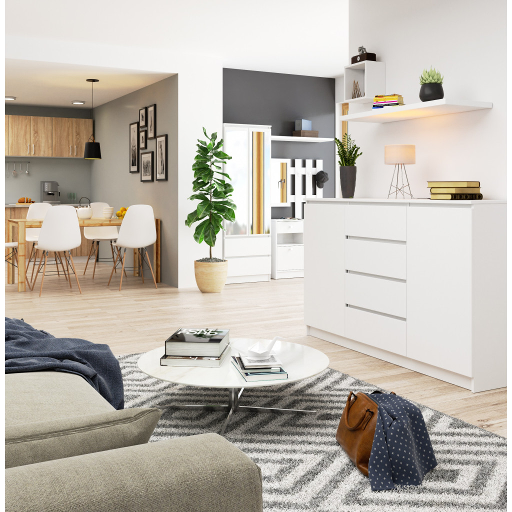 Comoda K160, cu 4 sertare si 2 dulapuri, PAL laminat 16 mm, 160x40x99 cm, alb - imagine 2