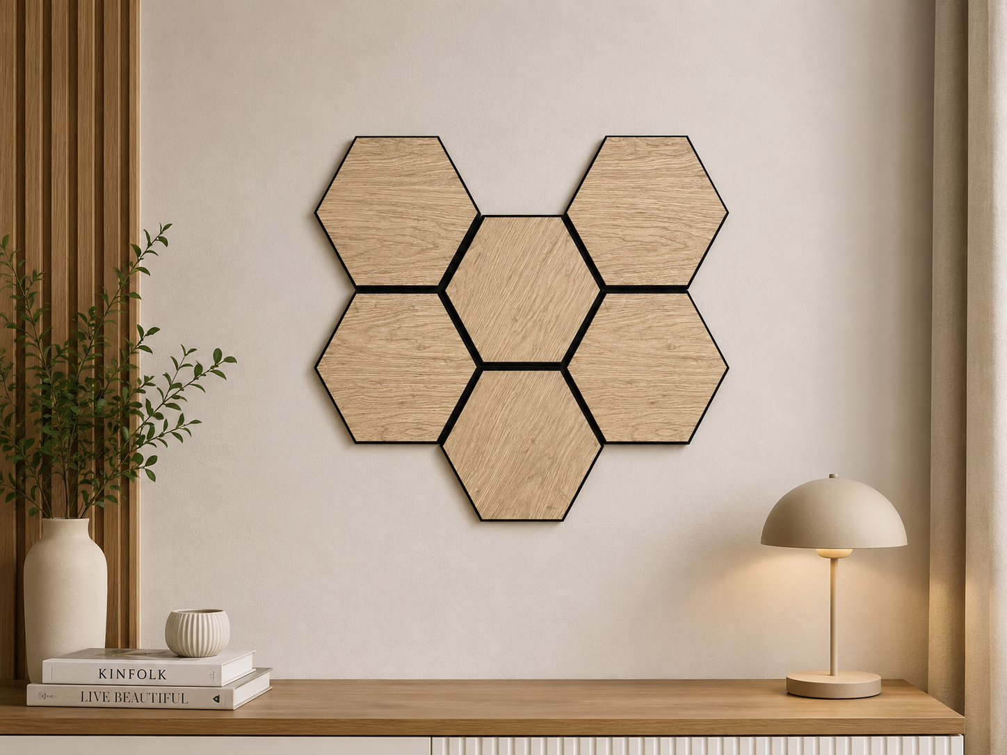 Set 6 panouri decorative hexagonale MDF si fetru, LDA PREMIUM, 30x26 cm, Stejar Saragossa - imagine 3