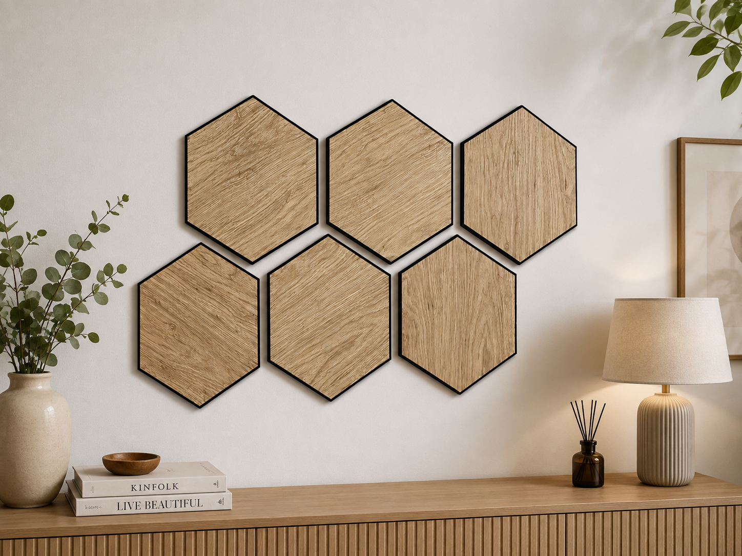 Set 6 panouri decorative hexagonale MDF si fetru, LDA PREMIUM, 30x26 cm, Stejar Saragossa - imagine 15