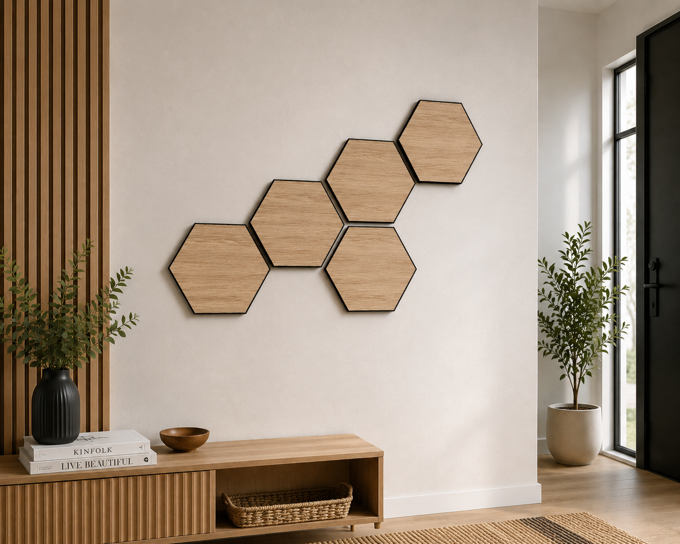 Set 6 panouri decorative hexagonale MDF si fetru, LDA PREMIUM, 30x26 cm, Stejar Saragossa - imagine 4