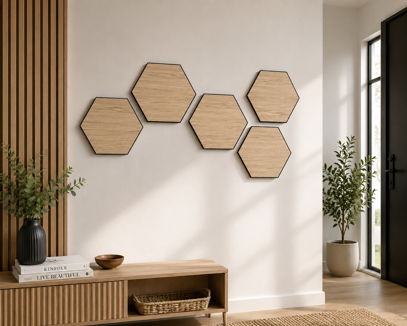 Set 6 panouri decorative hexagonale MDF si fetru, LDA PREMIUM, 30x26 cm, Stejar Saragossa - imagine 5