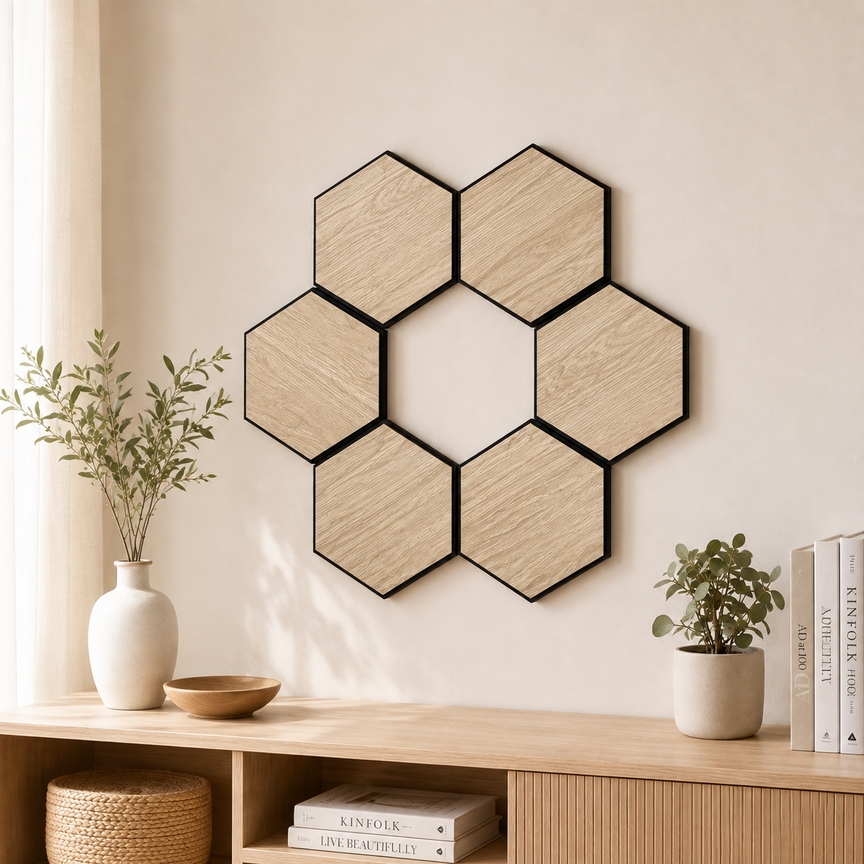 Set 6 panouri decorative hexagonale MDF si fetru, LDA PREMIUM, 30x26 cm, Stejar Saragossa - imagine 18
