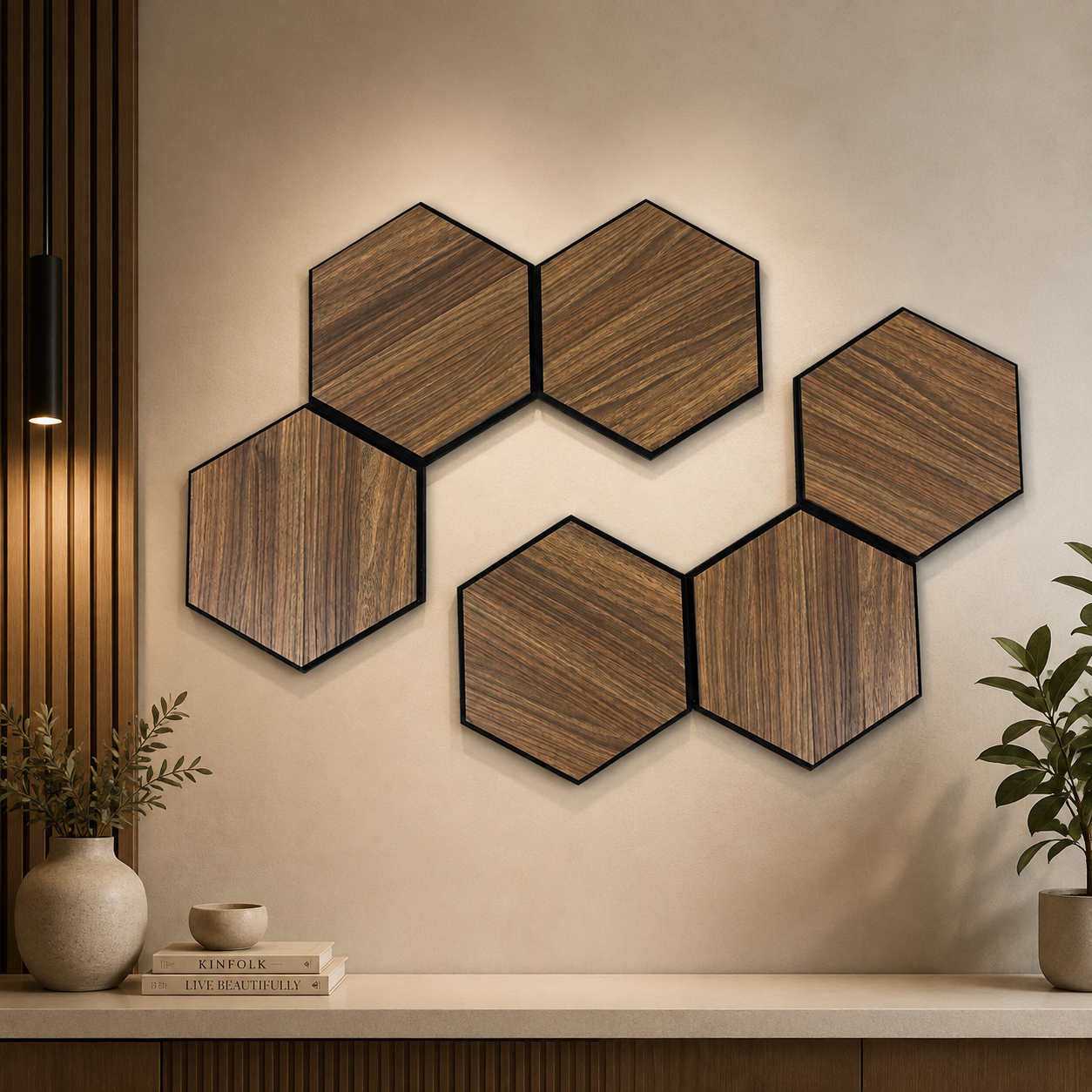 Set 6 panouri decorative hexagonale MDF si fetru, LDA PREMIUM, 30x26 cm, Nuc Modena - imagine 2