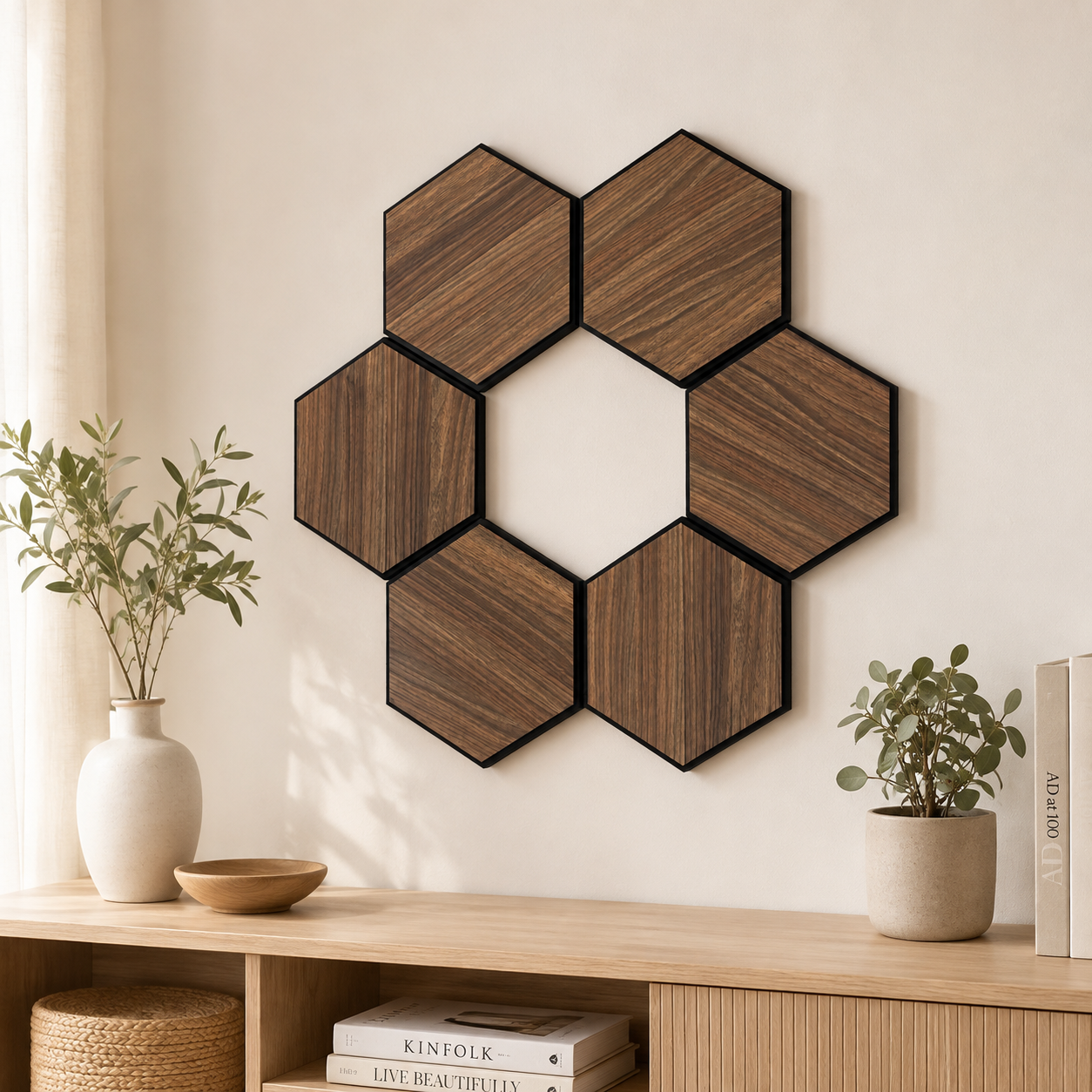 Set 6 panouri decorative hexagonale MDF si fetru, LDA PREMIUM, 30x26 cm, Nuc Modena - imagine 3