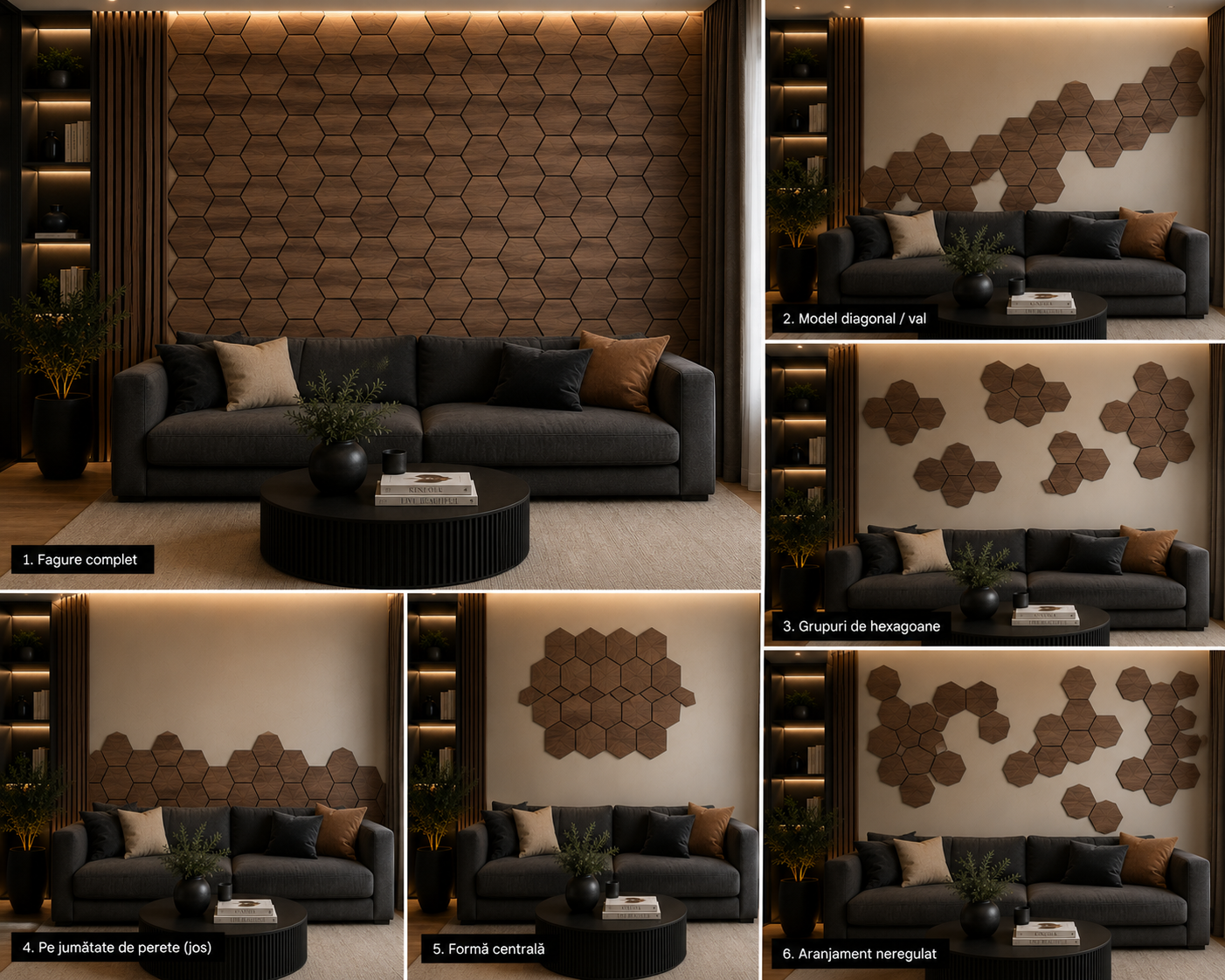 Set 6 panouri decorative hexagonale MDF si fetru, LDA PREMIUM, 30x26 cm, Nuc Modena - imagine 13