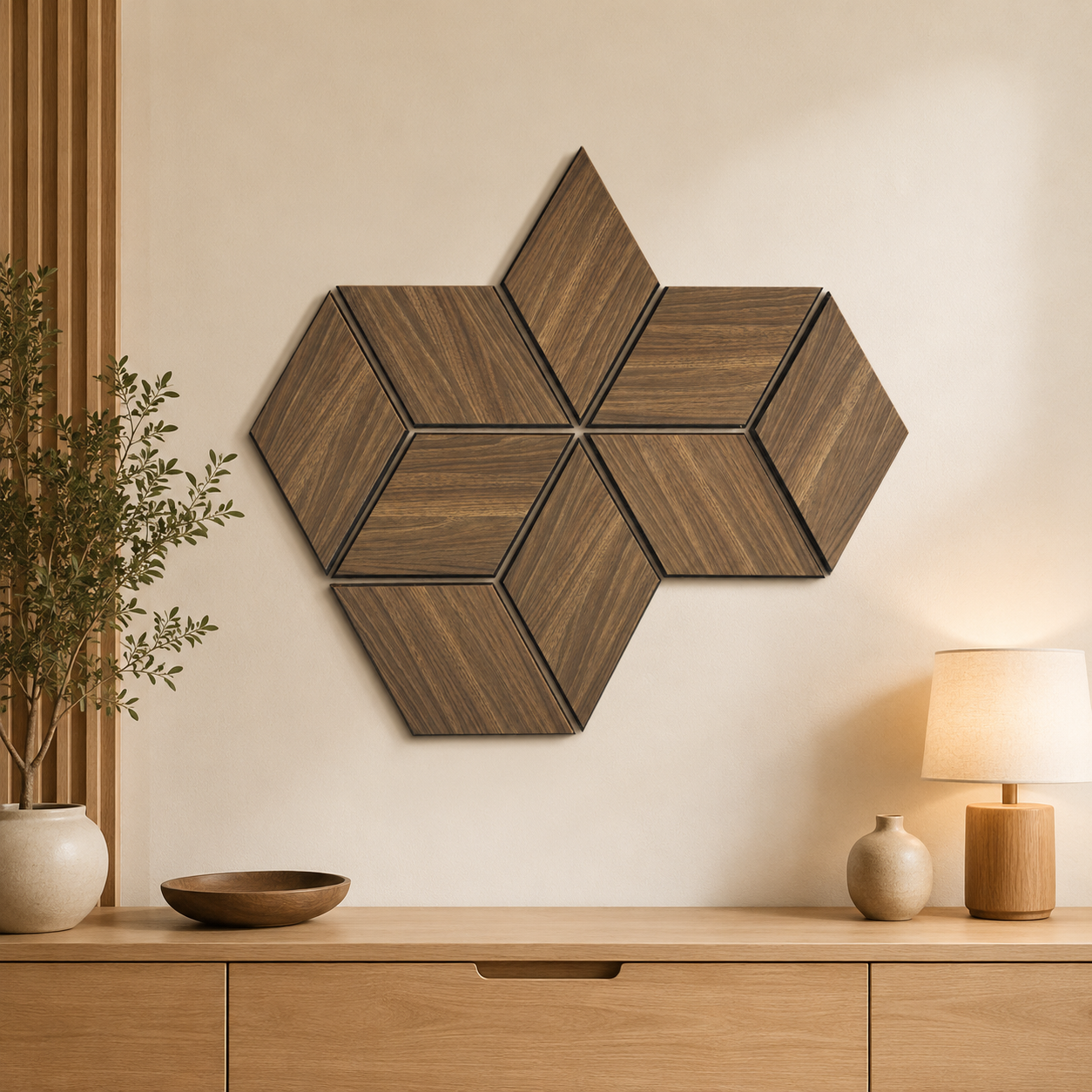 Set 9 panouri decorative romb MDF si fetru, LDA PREMIUM, 40x24cm, Nuc Modena - imagine 3