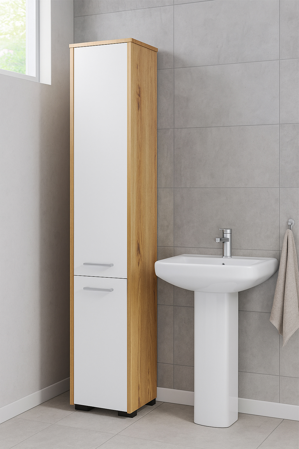 Dulap baie tip coloana cu 2 usi si 5 rafturi, PAL laminat, 30x30x140 cm, stejar artisan si alb - imagine 6