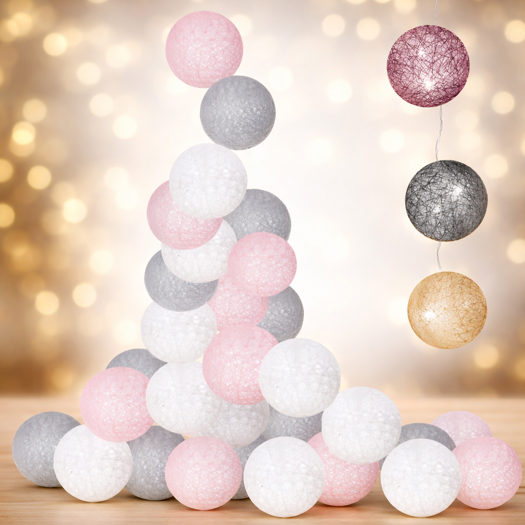 Instalatie decorativa 30 LED, lumina alba calda, 6.1 m, bile roz/alb/gri - imagine 9