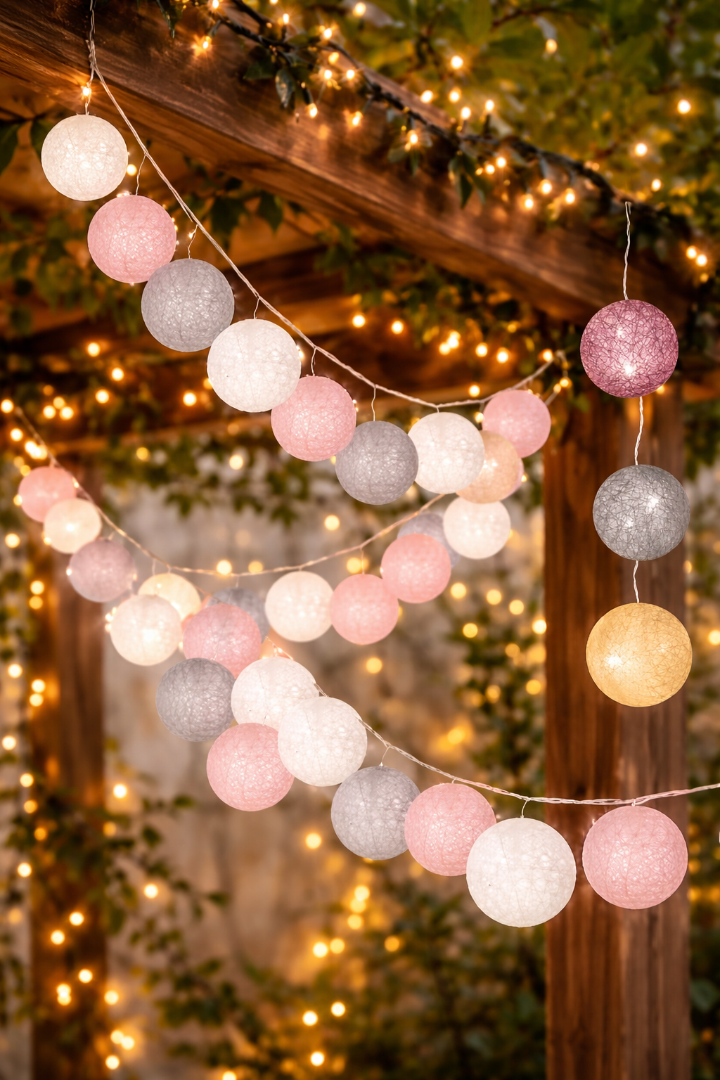 Instalatie decorativa 30 LED, lumina alba calda, 6.1 m, bile roz/alb/gri - imagine 8