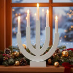 Decoratiune luminoasa tip sfesnic, din lemn, 39 cm, lumina calda, alimentare cu baterii, alb