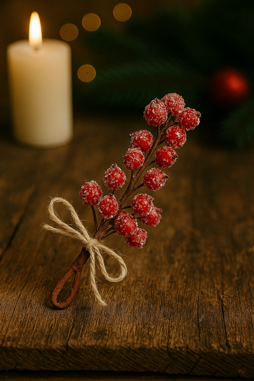 Ramura decorativa cu boabe de merisoare artificiale si snur din iuta, 15x5,5 cm, rosu - imagine 10