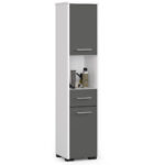 Dulap baie tip coloana cu 2 usi, 1 sertar si rafturi interioare, PAL laminat, 30x30x140 cm, alb si gri