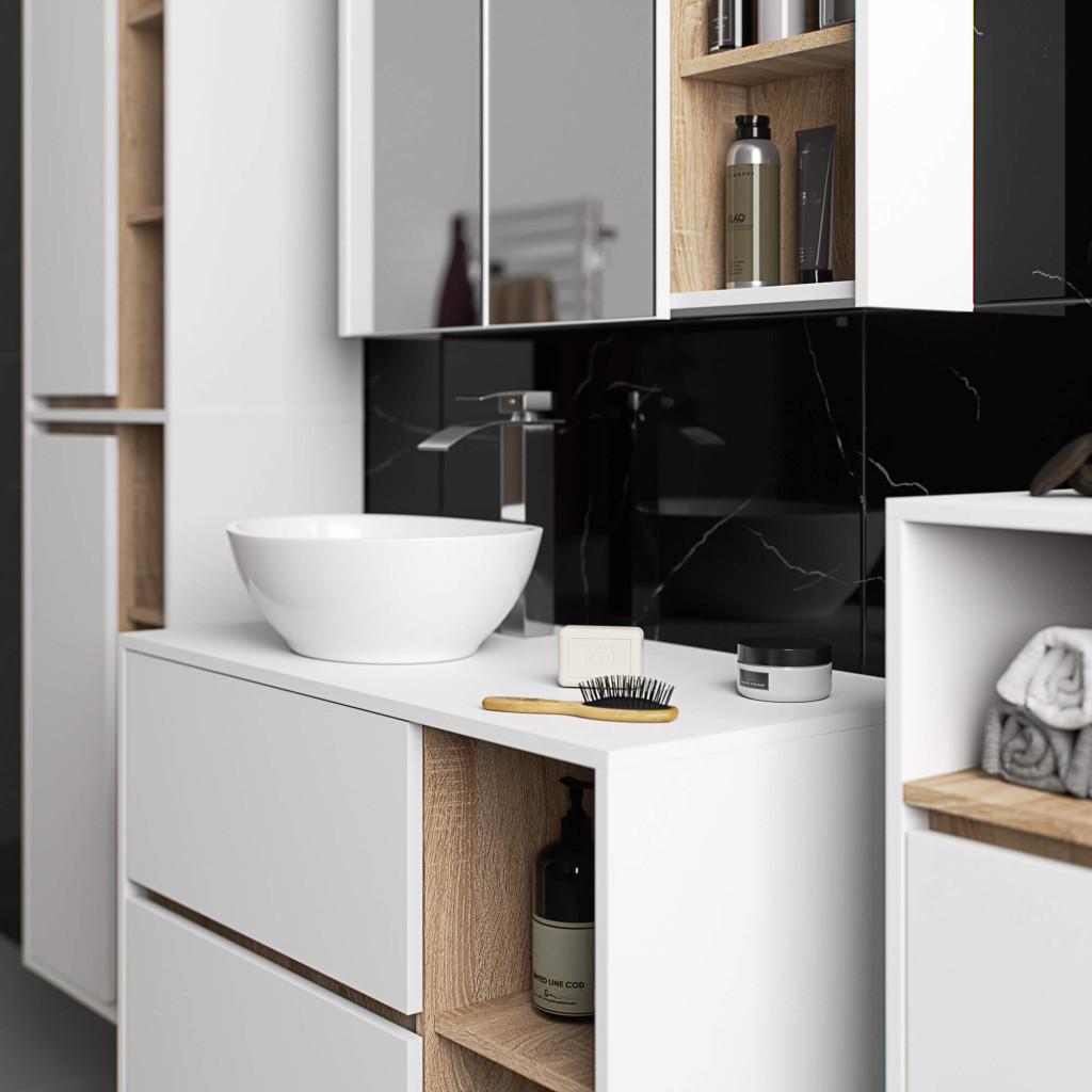 Etajera de baie suspendata, cu 2 usi, PAL 16 mm, 35x30x80 cm, alb si stejar sonoma - imagine 7