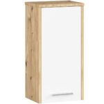 Dulap baie suspendat, cu usa si raft interior, PAL 16 mm, 30×22,5×60 cm, stejar artisan si alb