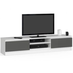 Comoda TV cu 2 usi si rafturi centrale, PAL laminat, 160x40x33 cm, alb si gri