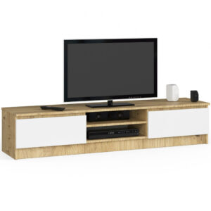 Comoda TV cu 2 usi si rafturi centrale, PAL laminat, 160x40x33 cm, stejar artisan si alb