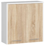 Dulap baie suspendat, cu 2 usi si 1 raft interior, PAL 16 mm, 60x23x60 cm, alb si stejar sonoma