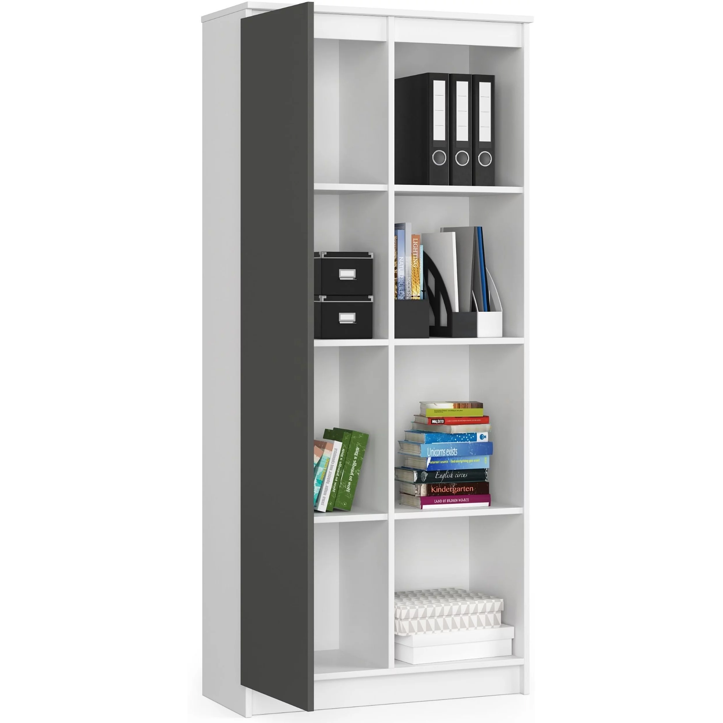 Dulap cu usa si 8 etajere, PAL laminat 16 mm, 80x35x180 cm, alb si gri - imagine 5