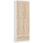 Dulap inchis cu 2 usi si sertar, 4 rafturi, PAL laminat 16 mm, 60x35x180 cm, alb si stejar sonoma