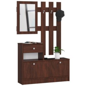 Set mobilier hol cu pantofar, oglinda, sertar si cuier metalic, PAL laminat, 90x25x170 cm, maro