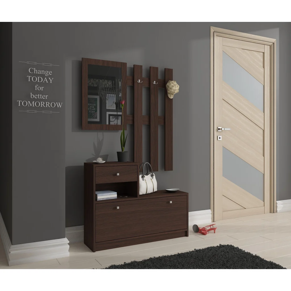 Set mobilier hol cu pantofar, oglinda, sertar si cuier metalic, PAL laminat, 90x25x170 cm, maro - imagine 4