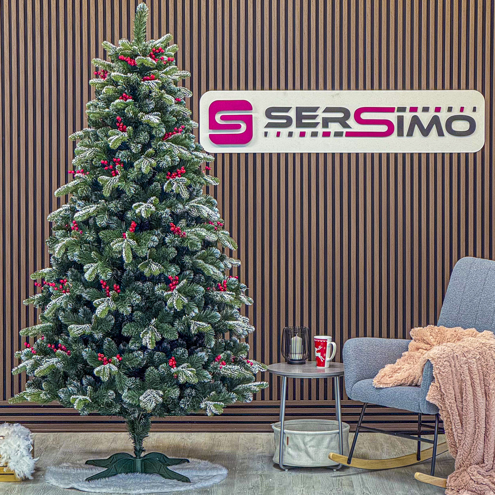 Brad artificial Sersimo, Alexima Elite, verde nins cu merisoare, mix 2D+3D, 230 cm