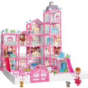 Casa de papusi pentru copii cu 374 piese, animale, mobilier si accesorii, 80x60x50 cm, roz