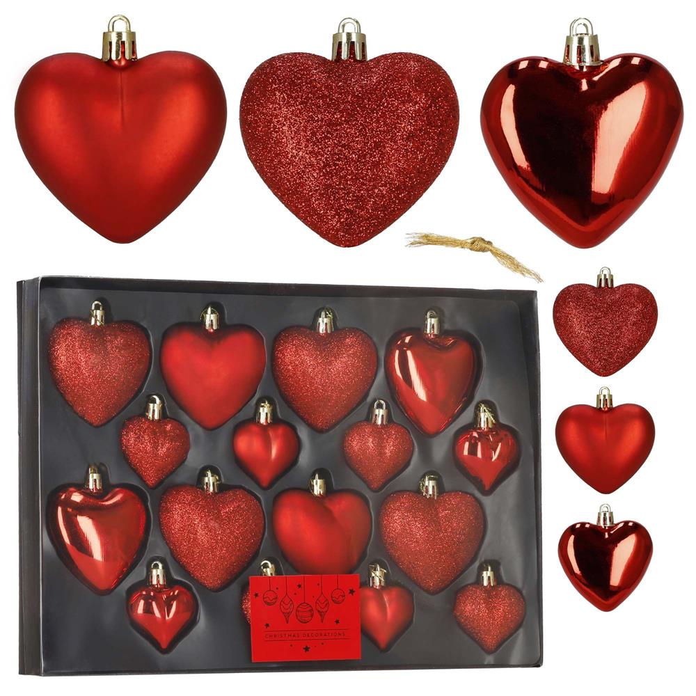 Set globuri decorative in forma de inima, 16 bucati, plastic, 4-7 cm, rosu - imagine 2
