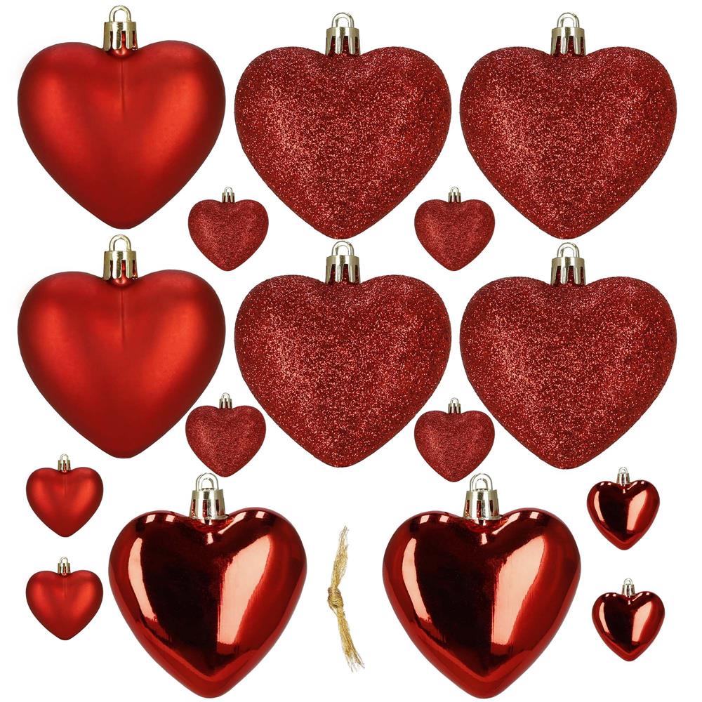 Set globuri decorative in forma de inima, 16 bucati, plastic, 4-7 cm, rosu - imagine 8