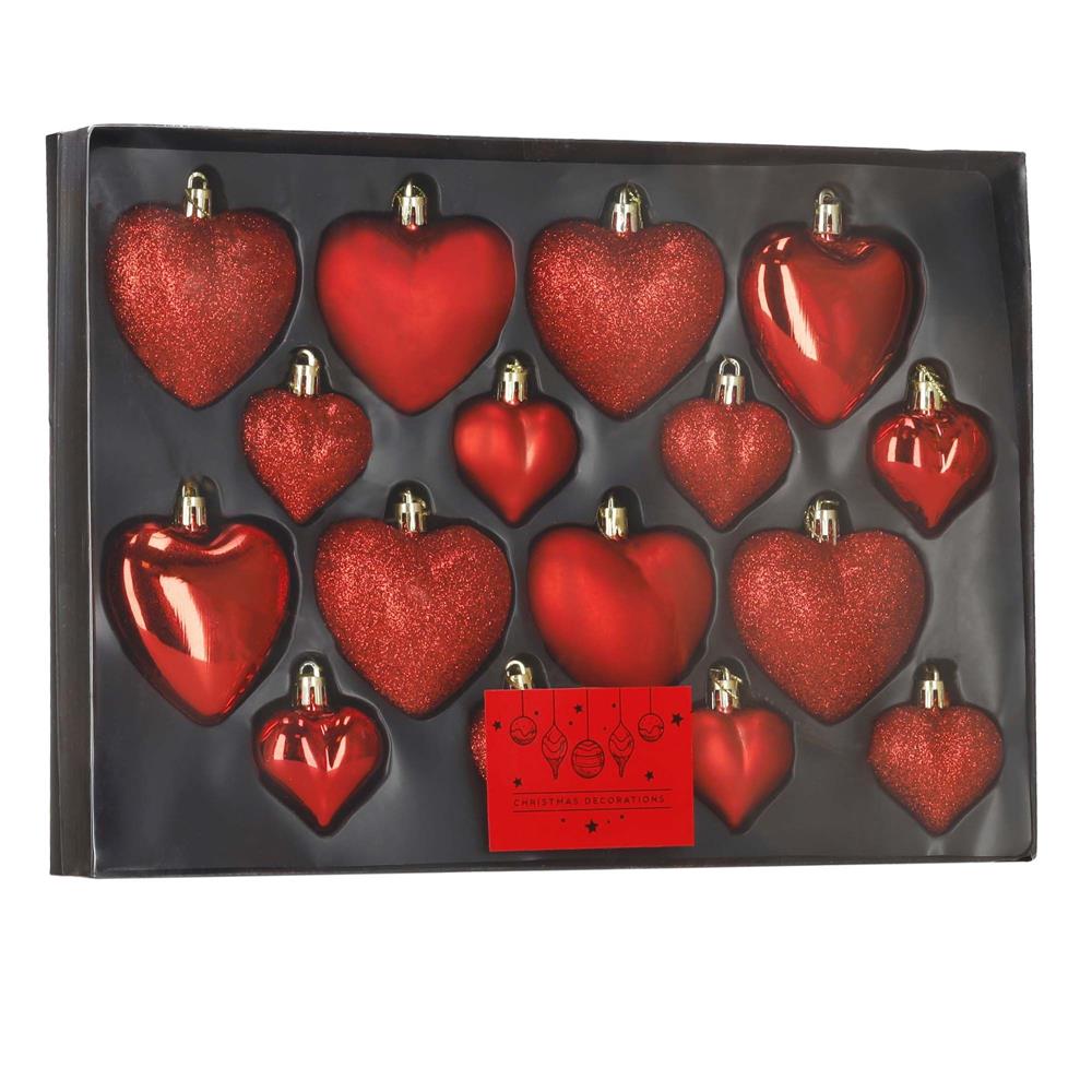 Set globuri decorative in forma de inima, 16 bucati, plastic, 4-7 cm, rosu