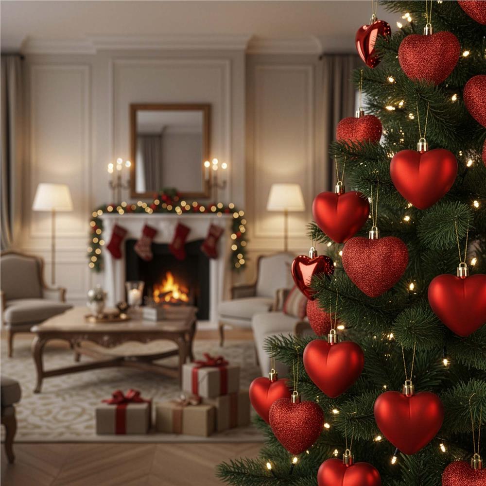 Set globuri decorative in forma de inima, 16 bucati, plastic, 4-7 cm, rosu - imagine 3