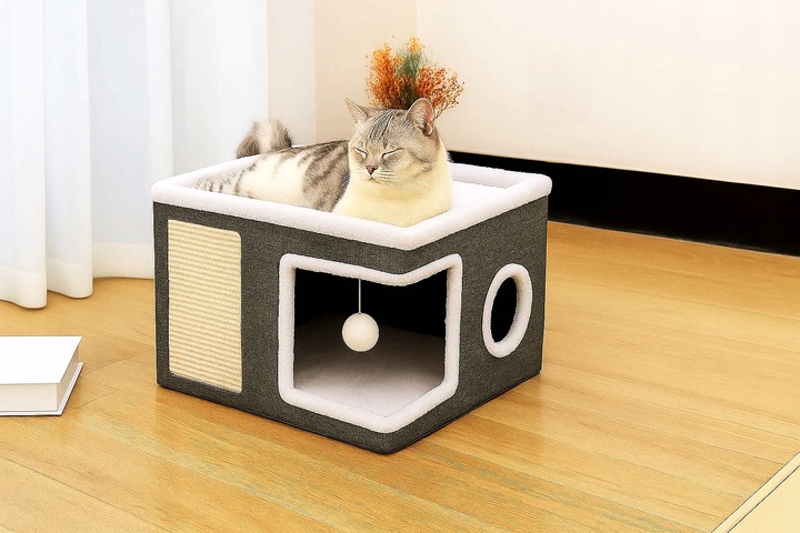 Ansamblu de zgariat pentru pisici cu casuta si pat superior, cu jucarie, 42x42x30 cm - imagine 4