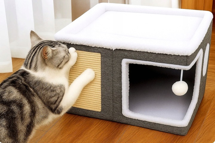 Ansamblu de zgariat pentru pisici cu casuta si pat superior, cu jucarie, 42x42x30 cm - imagine 5