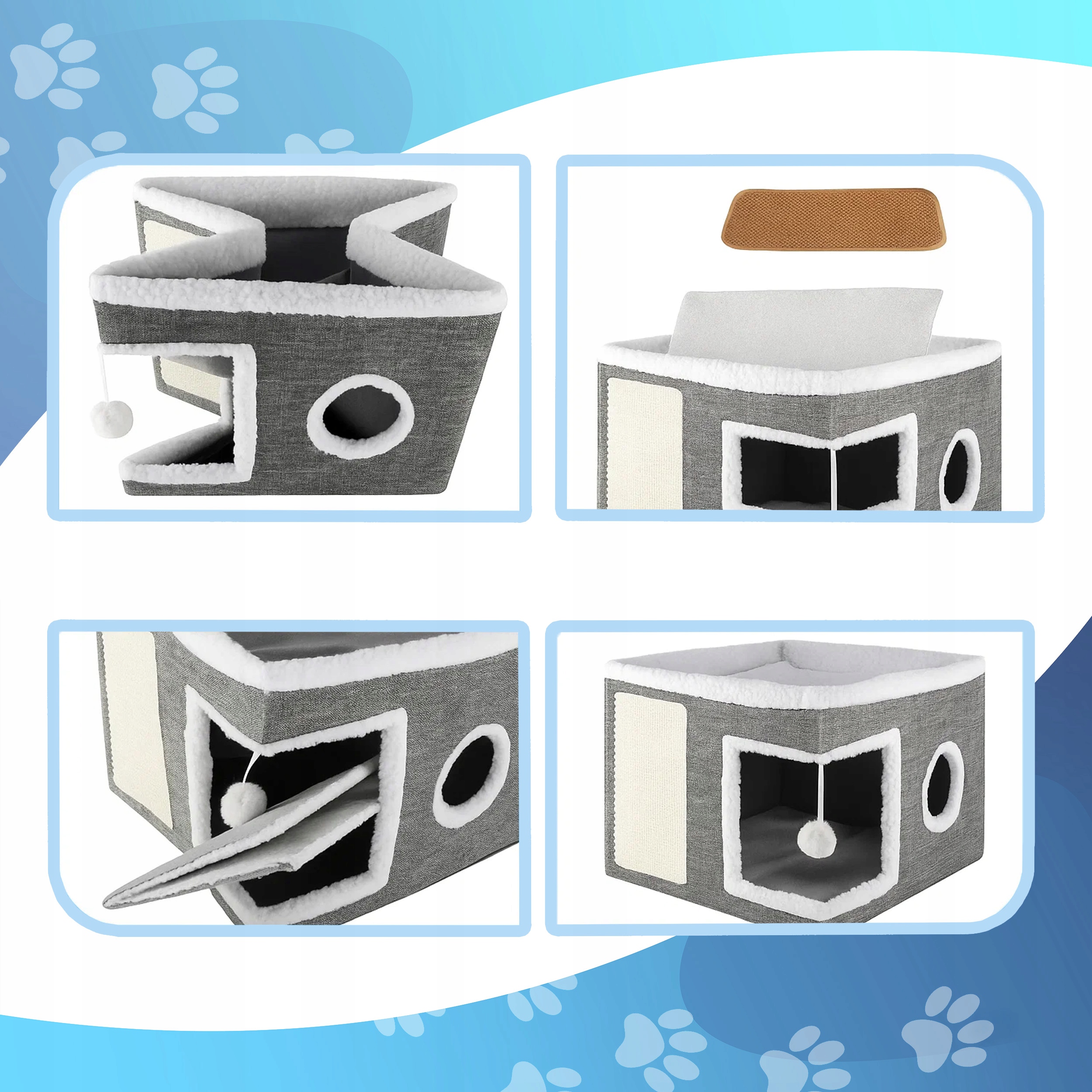 Ansamblu de zgariat pentru pisici cu casuta si pat superior, cu jucarie, 42x42x30 cm - imagine 7